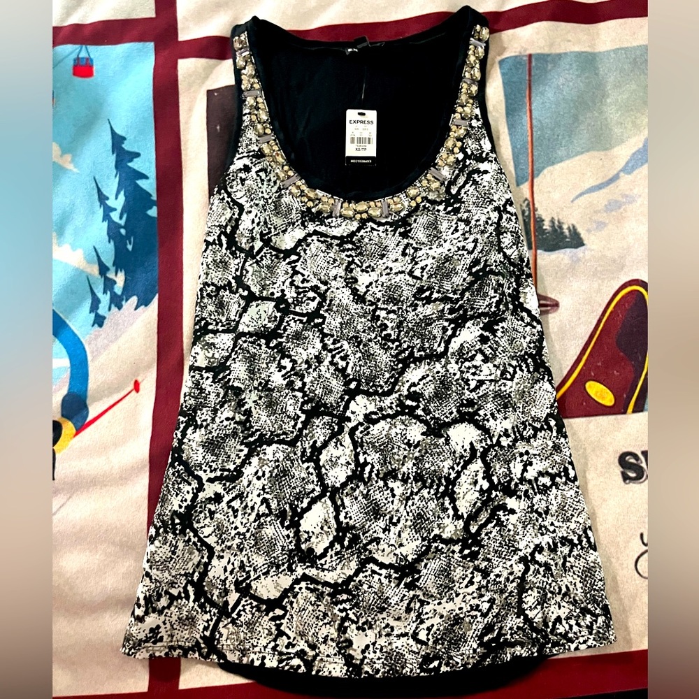 Express XS White Black Animal Print Snakeskin Sleeveless Rhinestone Tank Blouse.